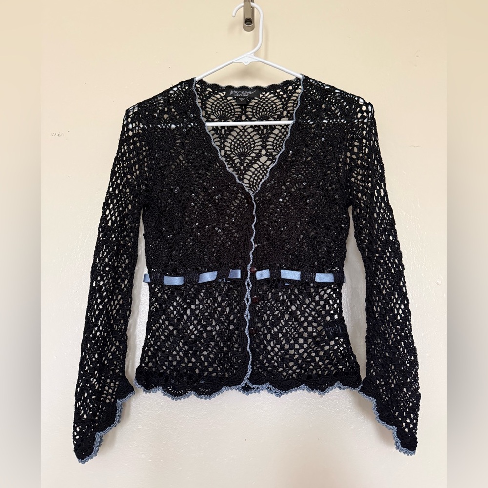 Betsy Johnson Vintage Knit Cardigans S Black Powder Blue 90s Y2K